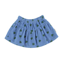 Load image into Gallery viewer, BLUE MINI SKIRT WITH GREEN HEARTS.